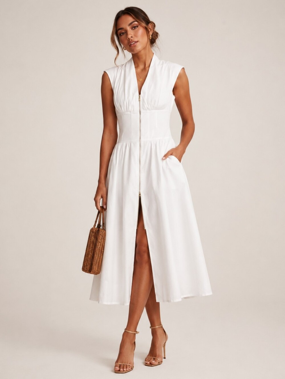 Anthropologie Tommie White V Neck Zipper Midi Dress Size XS